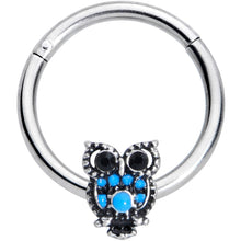 Load image into Gallery viewer, 16G 3/8 Black Gem Ornate Blue Owl Hinged Segment Ring