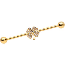将图片加载到图库查看器,14G Clear Gem Gold Tone Shamrock Industrial Barbell 38mm