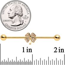 将图片加载到图库查看器,14G Clear Gem Gold Tone Shamrock Industrial Barbell 38mm