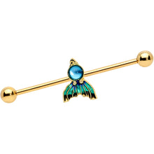 将图片加载到图库查看器,14G Gold Tone Blue Green Mermaid Tail Industrial Barbell 38mm