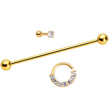 Load image into Gallery viewer, Clear CZ Gem Gold Tone Segment Ring Cartilage Industrial Set of 3