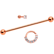 Load image into Gallery viewer, Clear CZ Gem Rose Gold Tone Segment Ring Cartilage Industrial Set of 3
