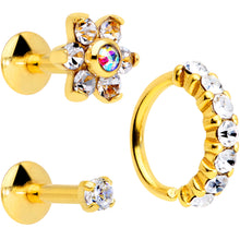 将图片加载到图库查看器,16G Clear CZ Gem Gold Tone Cartilage Labret Closure Ring Set of 3
