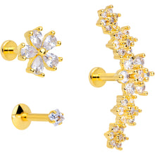 Load image into Gallery viewer, 16G 1/4 Clear CZ Gem Gold Tone Floral Labret Tragus Set of 3