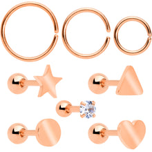 Load image into Gallery viewer, 18G Clear CZ Gem Rose Gold Tone Heart Cartilage Tragus Set of 8