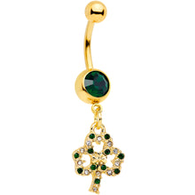 将图片加载到图库查看器,Green Gem Gold Tone Double Shamrock St Patricks Day Dangle Belly Ring