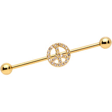 Load image into Gallery viewer, 14G Clear Gem Gold Tone Peace Sign Industrial Barbell 38mm