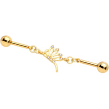 Load image into Gallery viewer, 14G Clear CZ Gold Tone Dragonfly Double Industrial Barbell 40mm