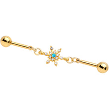 Load image into Gallery viewer, 14G Blue CZ Gem Gold Hue Snowflake Double Industrial Barbell 38mm