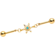 Load image into Gallery viewer, 14G Blue CZ Gem Gold Hue Snowflake Double Industrial Barbell 38mm