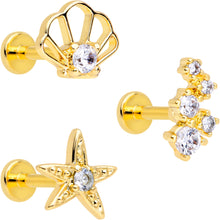 Load image into Gallery viewer, 16G 5/16 Clear CZ Gem Gold Tone Nautical Labret Tragus Set of 3