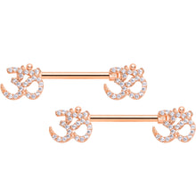 Load image into Gallery viewer, 14G 9/16 Clear CZ Gem Rose Gold Hue Amazing Om Barbell Nipple Set