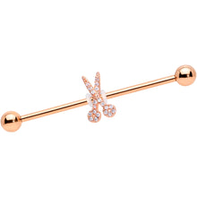 Load image into Gallery viewer, 14G Clear CZ Gem Rose Gold Tone Scissors Industrial Barbell 38mm