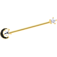 将图片加载到图库查看器,14G Clear CZ Gem Gold Hue Star Black Moon Industrial Barbell 38mm