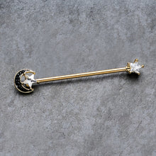 将图片加载到图库查看器,14G Clear CZ Gem Gold Hue Star Black Moon Industrial Barbell 38mm