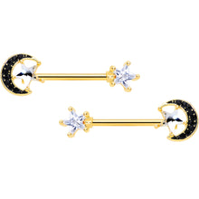 Load image into Gallery viewer, 14G 5/8 Clear CZ Gem Gold Tone Black Moon Barbell Nipple Ring Set