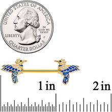 Load image into Gallery viewer, 14G 5/8 Clear Gem Gold Tone Blue Bird Barbell Nipple Ring Set