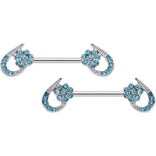 Load image into Gallery viewer, 14G 5/8 Aqua Gem Heart Flower Barbell Nipple Ring Set