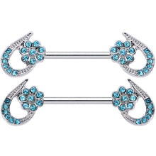 Load image into Gallery viewer, 14G 5/8 Aqua Gem Heart Flower Barbell Nipple Ring Set