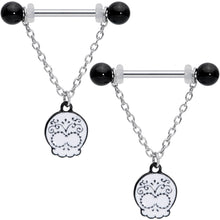 Load image into Gallery viewer, 14G 11/16 Black UV Ball Sugar Skull Chain Dangle Nipple Ring Set