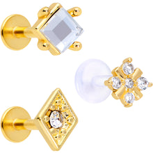 Load image into Gallery viewer, 16G 5/16 Clear CZ Gem Gold Tone Geometric Labret Tragus Set of 3