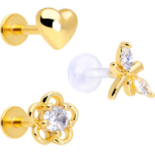 Load image into Gallery viewer, 16G 5/16 Clear CZ Gem Gold Tone Heart Labret Tragus Set of 3