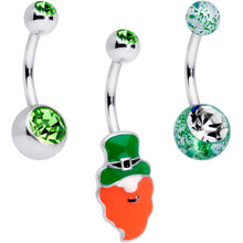 Load image into Gallery viewer, Green Clear Gem Leprechaun St Patricks Day Belly Ring Set of 3