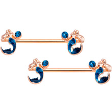 Load image into Gallery viewer, 14G 9/16 Aqua Gem Rose Gold Tone Mermaid Nipple Ring Set