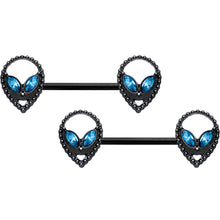 Load image into Gallery viewer, 14G 5/8 Aqua Gem Black Hollow Alien Barbell Nipple Ring Set