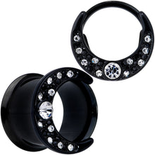将图片加载到图库查看器,Clear Gem Black Crescent Moon Double Flare Tunnel Plug Set