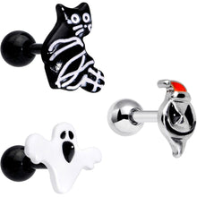 Load image into Gallery viewer, 16G 1/4 Black Cat Ghost Halloween Cartilage Tragus Curation Set of 3