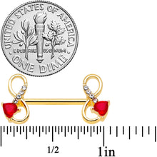 Load image into Gallery viewer, 14G 9/16 Clear Red Gem Gold Tone Treble Clef Barbell Nipple Ring Set