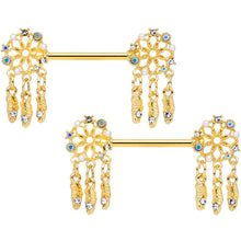 Load image into Gallery viewer, 14G 5/8 Aurora CZ Gem Gold Tone Dreamcatcher Barbell Nipple Ring Set