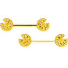 Load image into Gallery viewer, 14G 9/16 Gold Tone Tasty Orange Fruit Barbell Nipple Ring Set