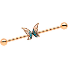 将图片加载到图库查看器,14G Rose Gold Tone Bit of Blue Butterfly Industrial Barbell 38mm