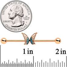 将图片加载到图库查看器,14G Rose Gold Tone Bit of Blue Butterfly Industrial Barbell 38mm
