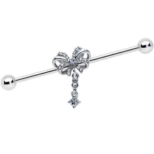 将图片加载到图库查看器,14G Clear Gem Looping Bow Dangle Industrial Barbell 38mm