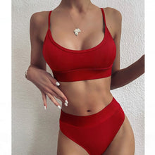 Load image into Gallery viewer, Women Bikini Sets Solid Color Ruffled Swimwear Bathing Suits 2 Piece Split Push Up Bandage Beachwear Women's Bikini Scoop Neck Straps Cutout Crop Top Lace Up Bottom Comfortable Two Piece Swimsuits