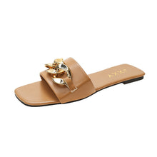 将图片加载到图库查看器,Women Sandals Design Gold Chain Closed Toe Slip On Mules Shoes Flat Heels Square Head Casual Slides Summer Slippers Open Toe Flat Sandals Metal Chain PU Leather Slides Shoes