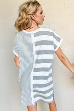 Load image into Gallery viewer, Gray Full Size Striped Round Neck Short Sleeve Mini Tee Dress Casual & Everyday Wear