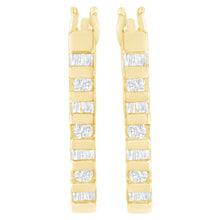 将图片加载到图库查看器,10K Yellow Gold Round and Baguette Cut Diamond Oblong Hinged Leverback Hoop Earrings (¼ Cttw, I-J Color, I2-I3 Clarity)