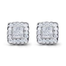Load image into Gallery viewer, 14K White Gold 1.0 Cttw Round Brilliant & Princess Cut Diamond Scallop-Edge Framed Square Halo Stud Earrings (G-H Color, SI1-SI2 Clarity)
