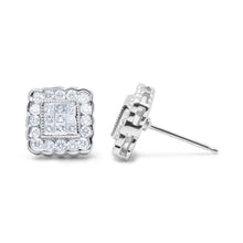 Load image into Gallery viewer, 14K White Gold 1.0 Cttw Round Brilliant & Princess Cut Diamond Scallop-Edge Framed Square Halo Stud Earrings (G-H Color, SI1-SI2 Clarity)