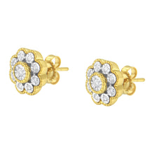 将图片加载到图库查看器,14K Yellow Gold Plated .925 Sterling Silver 1/6 Cttw Miracle-Plate Set Diamond Floral Stud Earrings (I-J Color, I2-I3 Clarity)
