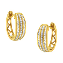 将图片加载到图库查看器,10K Yellow Gold 3/4 Cttw Pave and Channel Set Diamond Triple Row Modern Hoop Earrings (I-J Color, I2-I3 Clarity)