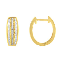 将图片加载到图库查看器,10K Yellow Gold 3/4 Cttw Pave and Channel Set Diamond Triple Row Modern Hoop Earrings (I-J Color, I2-I3 Clarity)