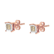 Load image into Gallery viewer, 14K Rose Gold Plated Two-Tone .925 Sterling Silver 1/2 Cttw Princess-Cut Square Diamond Solitaire Miracle-Plate Stud Earrings (K-L Color, I2-I3 Clarity)
