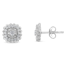 Load image into Gallery viewer, .925 Sterling Silver 1/2 Cttw Round-Cut Diamond Halo Cluster Stud Earring (I-J Color, I2-I3 Clarity)