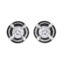 将图片加载到图库查看器,Black Rhodium Plated .925 Sterling Silver Round 1-1/2 cttw Diamond Double Halo 4-Prong Solitaire Milgrain Stud Earrings (H-I Color, I2-I3 Clarity)