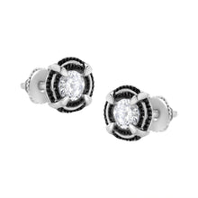 将图片加载到图库查看器,Black Rhodium Plated .925 Sterling Silver Round 1-1/2 cttw Diamond Double Halo 4-Prong Solitaire Milgrain Stud Earrings (H-I Color, I2-I3 Clarity)